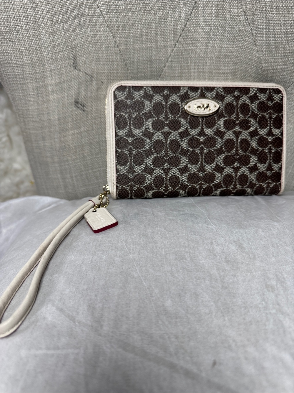 Coach Brown Signature Canvas Wristlet with Light Pink Trim